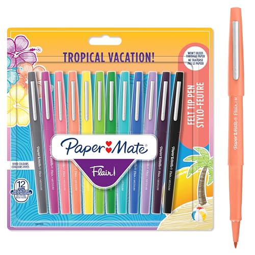 Paper Mate Flair Pennarelli | Punta Media in Feltro (0.7mm) | Colori Tropicali | Confezione da 12