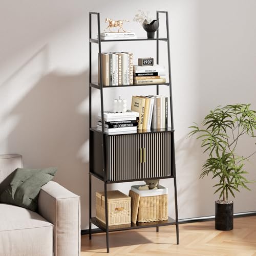 Image of LUVIOHOME 4 Tier Bookshelf with Drawer,Tall Narrow Bookcase with Shelves, Wood and Metal Bookshelves Storage Organizer,Industrial Display Standing for Living Room, Home Office, Entryway (Black)
