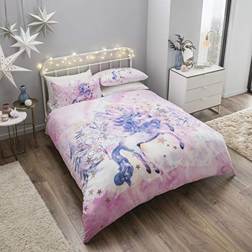 clicktostyle Parure de Noël en polycoton avec housse de couette et taies doreiller, Polycoton, Licorne nacrée., Double