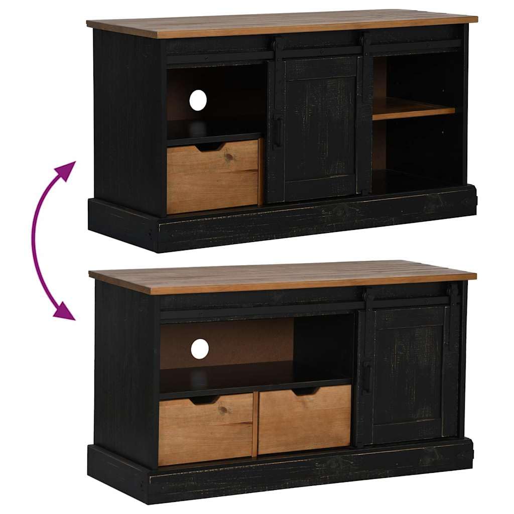 Mobile Porta TV HALDEN Nero con Anta Scorrevole in Legno Massello di Pino e Metallo 110x40x60 cm con Due Cassetti e Ripiani per Soggiorno, Camera, Consolle, Supporto TV, Scaffale, Credenza