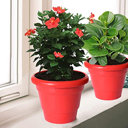 Image of Kuber Industries Solid 2 Layered Plastic Flower Pot|Gamla for Home Decor,Nursery,Balcony,Garden,6 inchx5 inch,Pack of 8 (Red)