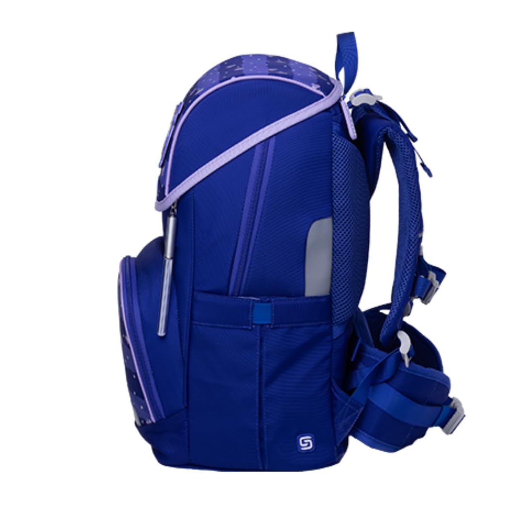Schneiders Ergojet Schultasche Set Blissy Butterfly (6-teilig) – Mädchen-Schulranzen mit Schmetterling-Motiv, wandelbar zum Schulrucksack, LED-Licht, ergonomisch & nachhaltig, 21L, Blau/Lila