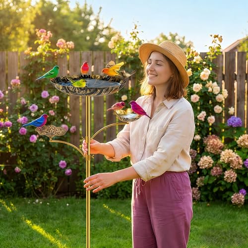 Image of 3-in-1 Triple Bowl Bird Bath Feeder Combo, Metal Birdbath for Outside | Black Gold Finish, 4-Claw Ground Stake, 11.8in Main Bowl, Two Side Bowls, Powder-Coated, For Outdoor Garden Yard