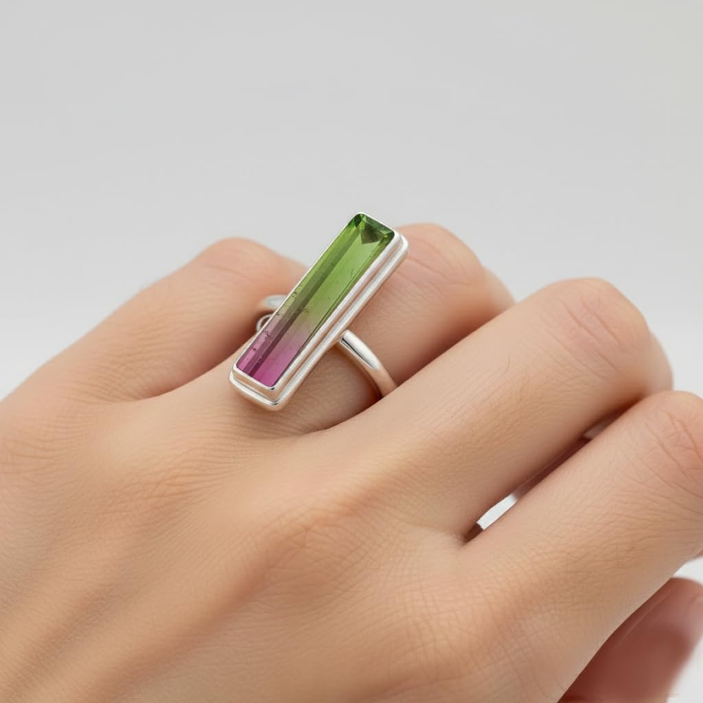 Rectangle Bar 925 Silver Overlay Emerald Quartz Gemstone Statement Ring For Women Baguette Shape Dainty Ring Gift For Her Wedding Anniversary Christmas Gift By Samadorne - Image 3