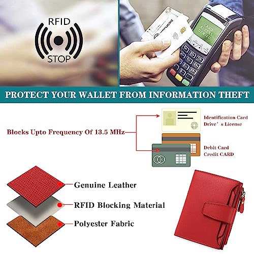 Image of GOIACII RFID Secure Wallet for Women Small Card Holder Leather Red | Trifold Billfold, Cross Grain Leather, Compact Size, 4 ID Windows, 12 Card Slots, 1 Zipper Coin Pocket, Minimalist