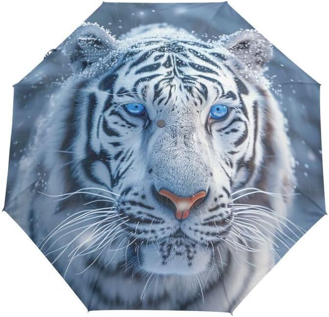 Compact Travel Umbrella White Tiger Windproof Folding Automatic Umbrella,One Touch Auto Open and Close Button Portable Light Umbrella for Women Men Kid