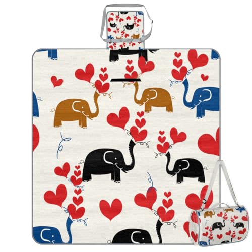 Shimoshe Picnic Blankets 57”x 59”, Love Elephant Waterproof Sandproof Picnic Mat Lightweight Foldable Beach Blanket for Camping Park Grass Beach Outdoor Blanket