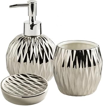 4Pcs/Set Luxury Ceramic Bathroom Accessory Set, Soap/Lotion Dispenser, Bathroom Tumbler, Soap Dish for Home Bathroom Three-Piece Set - Silver