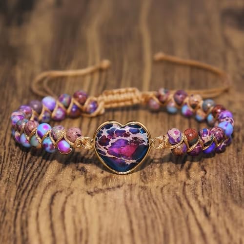 Image of Women Boho Wrap Bracelet,Handmade Natural Stone Crystal Emperor Beads Heart Bracelet, Fashion Bohemian Jewelry Gift for Women