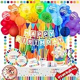 489 Pieces Happy Birthday Decorations Kit, All-in-1 Festive Party Decor Supplies Package for Boys and Girls With Rainbow Balloon Arch Kit, Banner, Plates & Cups for 25 Guests - Multicolor