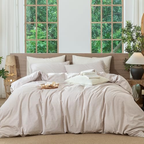 Image of MooMee Striped Duvet Cover Set 100% Washed Cotton Linen Like King | Relaxed Linen-like Texture. Soft, Breathable & Long-lasting Comfort. Lightweight. Hidden Zipper with 8 Interior Corner Ties