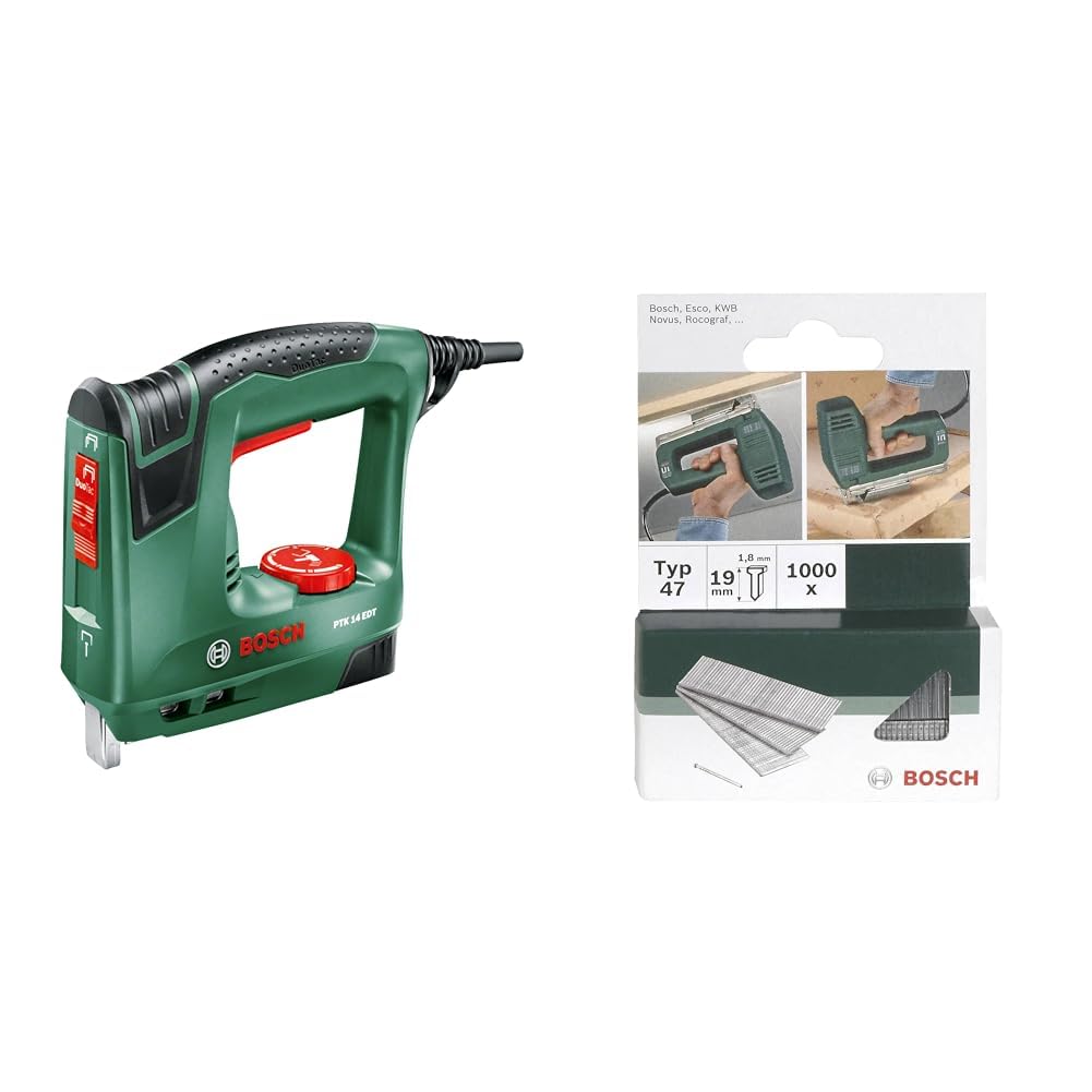 Bosch PTK 14 EDT - Grapadora eléctrica válida para grapas y clavos, 240 W, 240 V & 2 609 255 813 - Clavo tipo 48 (pack de 1000)