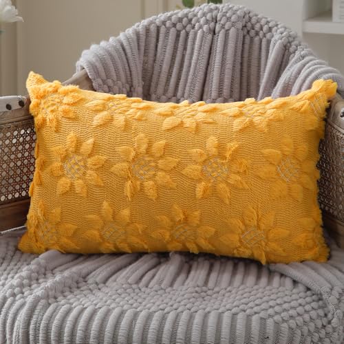 Image of DFXSZ Spring Summer Pillow Covers 12x20 inch Set of 2 Yellow Sunflower | Farmhouse Decor Soft Plush Faux Fur Jacquard Throw Pillow Covers|For Spring Holiday Sofa Home Decor