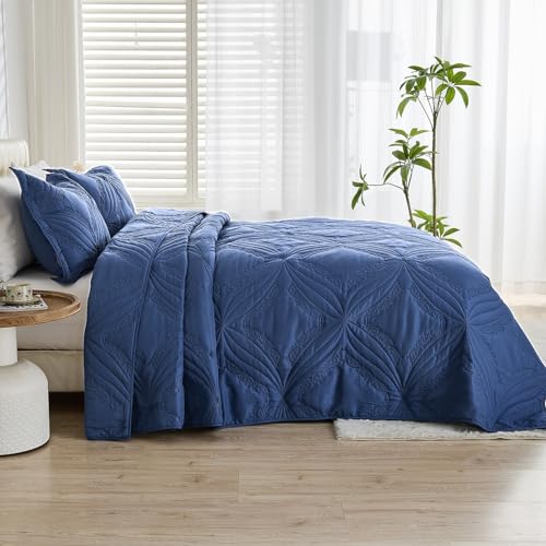 Image of Kingnex Oversized King Bedspreads 128x120 for Tall King or Cal King Bed Ultrasonic Quilted Coverlet Set 3 Piece Include 1 Extra Wide Quilt 2 Pillowcases Navy