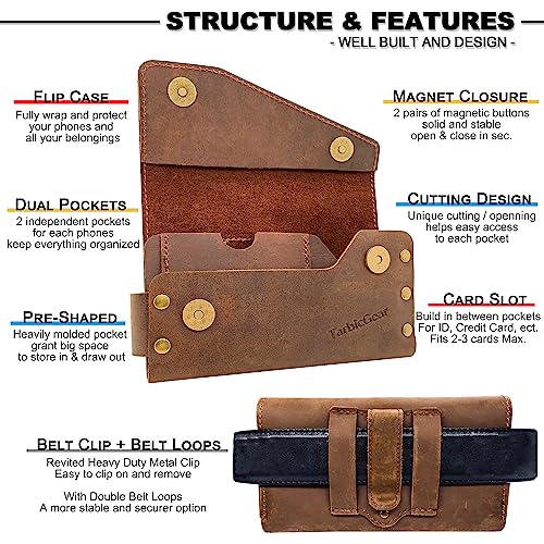 Tarbicgear Dual Large Cell Phone Holster, Bult Clip Double Decker Leather Pouch Case For 2 Phones, Magnetic Closure Cell Phone Pouch Case For Iphone 13 Pro Max 14 Pro Max Samsung Galaxy S22 Ultra #TOP3
