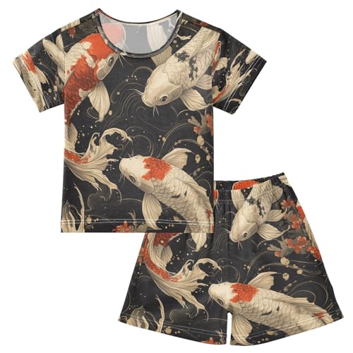 Pajama Sets Short Sleeve Koi Fish Pattern Soft Cotton Summer Sleepwear 2 Piece PJS Size 5-14T