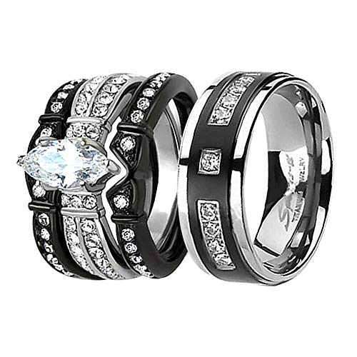 MABELLA His Hers Couple Matching Rings Black Women Stainless Steel Marquise Cut AAA+ Cubic Zirconia Wedding Engagement Ring Bridal Sets & Men CZ Titanium Band,Women's Size 7 Men's Size 10