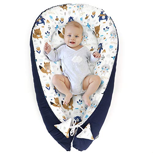 Baby nest cocoon neonati - Nido di coccole fatto a mano in cotone con certificato Oeko-Tex (animaux avec bleu foncé, 90 x 50 cm)