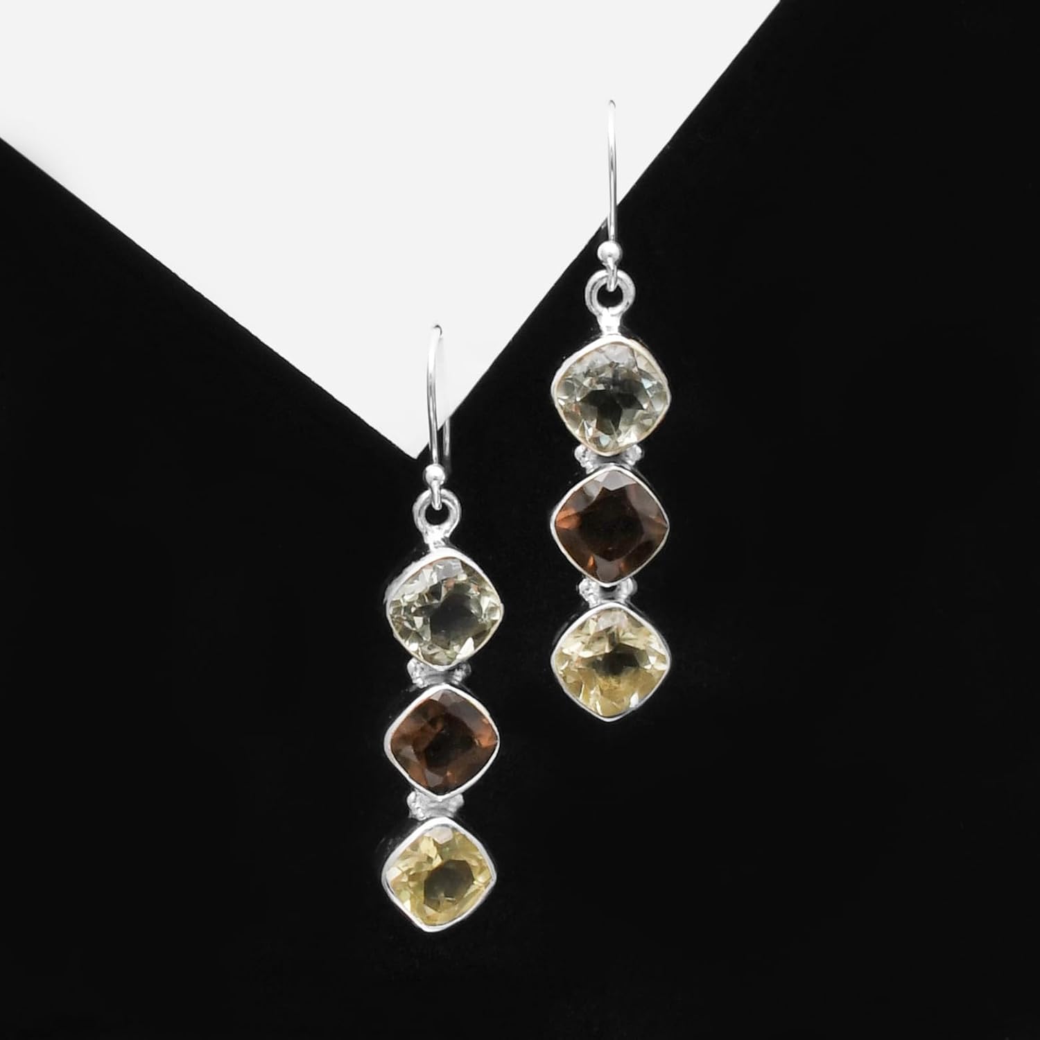 Silver Palace Natural Smoky Quartz, Green Amethyst 925 Sterling Silver Drop Dangle Three Stone Earrings For Womens