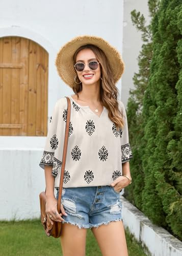 GUNEST Womens 3/4 Sleeve V Neck Peasant Boho Loose Fit Tunic Blouses Tops — view 3