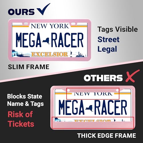 Image of Premium Princess Pink License Plate Frames - 2 Pack, Rust-Free Stainless Steel, Street Legal, Rattle-Free, Universal Slim Design with Screw Caps, Durable Car Tag Holders for Women, Cute & Girly Gift
