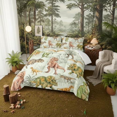 Image of QOOMO 3D Dinosaurs Kids Bedding Set, Black Jurassic Animals Comforter Full Size, Suitability Girs and Boys Black Decorate a Room 1 Comforter Set 2 Pillowcases