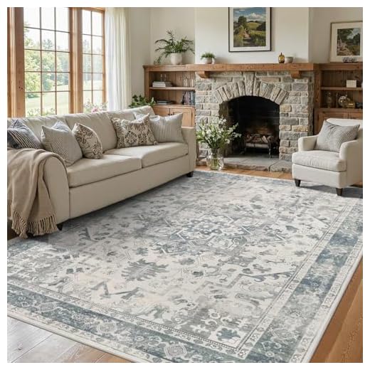 Rugxara Area Rugs 5x7, Washable Rugs for Living Room, Vintage Boho Light Blue Rug for Office, Dining Room, Kids Room and Farmhouse, Durable Low Pile Non-Slip Area Rug for High Traffic Areas