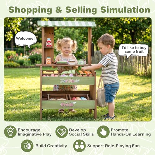 Costzon Wooden Grocery Store Pretend Play, Outdoor & Indoor Farm Market Stand w/Chalkboard & 40+ Accessories, Supermarket Playset for Kids, Solid Grocery Store Role Play Toy for Toddlers Ages 3+ - Image 7