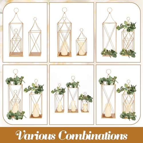 Image of HPC Decor Tall Metal Lantern Decor Set of 3-24 inch 19 inch 13 inch Elegant Decorative Lanterns with Garlands-Modern Gold Candle Lanterns for Garden Porch Decor,Indoor /Outdoor for Wedding Decor,Party,Home Decor.