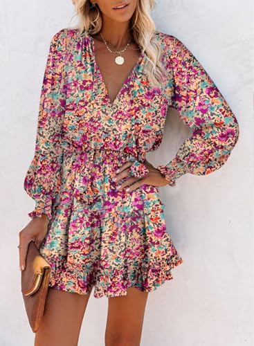 Dokotoo Fall Dresses for Women 2025 Boho Floral Drawstring V Neck Smocked Long Sleeve Ruffle Tiered Chiffon Mini Dress3