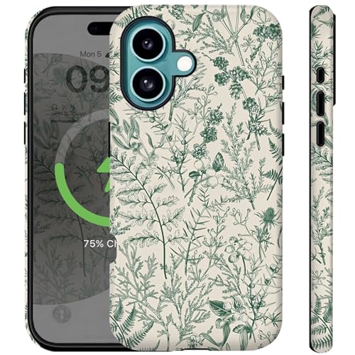 Ceckooty Compatible for iPhone 16 Plus Case Vintage Green Florals Flowers Leaf Cute Aethetic Elegant Boho Design for Women Girls [Compatible with Magsafe] Rugge Shockproof Anti-Scratch Phone Case by Ceckooty - Used condition - US$12.73