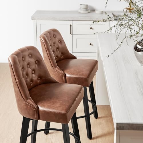 KISLOT Counter Height Swivel Barstools with Back,26\" H Seat Height Upholstered Bar Stools for Kitchen Island,Set of 2,Brown Leather - Thumbnail 6