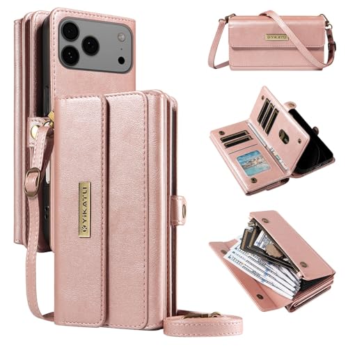 Portefeuille iPhone 15 Pro or rose avec bandoulière amovible et RFID