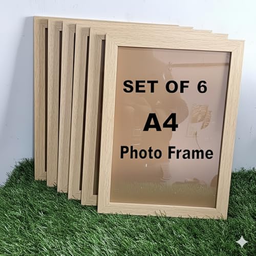 Image of Stuthi Arts Set of 6 A4 Size Photo Frames (8.3 x 11.7 inches) with Stylish Pattern, Wall Hanging Frames for Certificate, Photos and Art (6, Oak White)