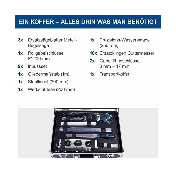 Scheppach TB200 Aluminium Werkzeugkoffer gefüllt 141-tlg Werkzeug Set | Werkstattkoffer bestückt mit Schraubenschlüssel, Hammer, Zange, Schraubenzieher, Werkzeugkiste für Werkstatt und Haushalt – Bild 6