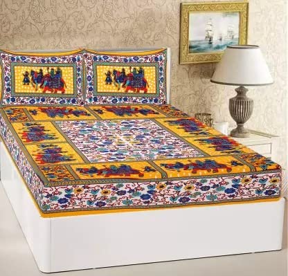Monique Bedsheet for Double Bed Rajasthani Traditional Animal Floral Printed 144 TC 100% Pure cotton Yellow Color Double Bed Size Bedsheet with 2 Pillow Cover Combo Set Brand