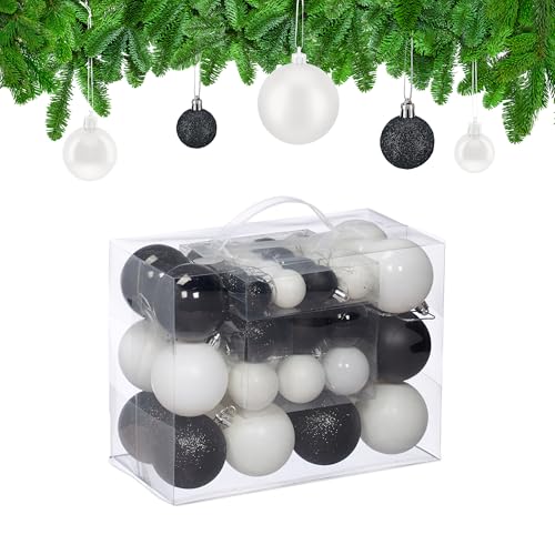 Relaxdays Weihnachtskugeln 50er Set, Weihnachtsdeko, matt, glänzend, glitzernd, Baumkugeln ∅ 3, 4 & 6 cm, schwarz/weiß