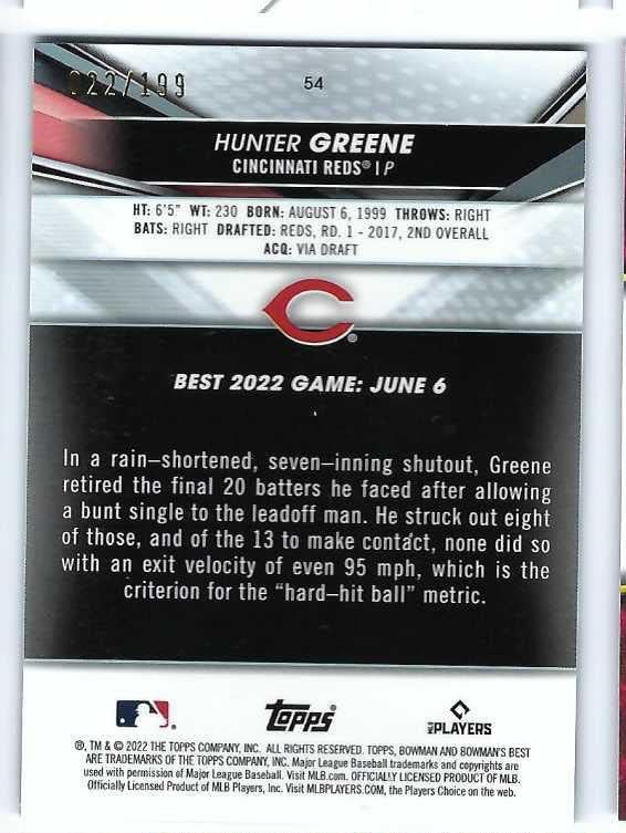 HUNTER GREENE 2022 Bowman's Best #54 AQUA LAVA REFRACTOR PARALLEL Baseball Rookie Card RC #022 of only 199 Made! Cincinnati Reds