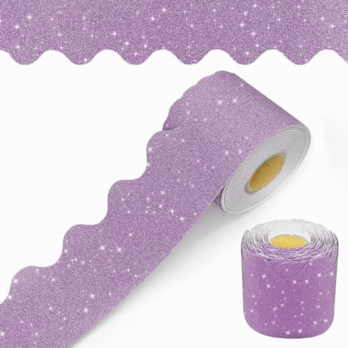 60 Feet Bulletin Board Borders, Glitter Scalloped Border Trim Holiday Decoration for School, Bulletin Board Border Decorative,Classroom Poster Office Party Wall Locker Decor (Light Purple)