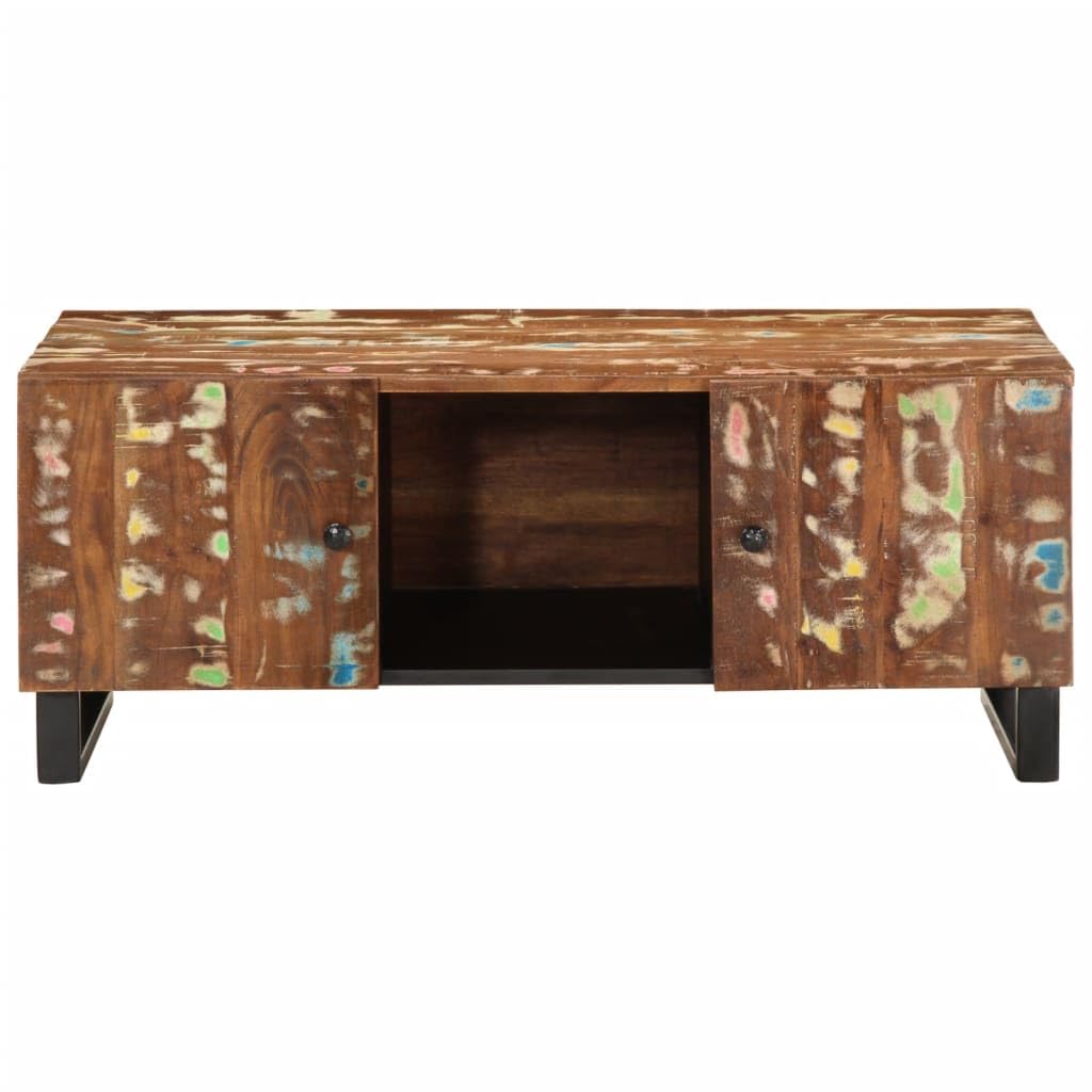 Stolik kawowy 100 x 54 x 40 cm, lite drewno stare i materiał drewnopochodny, 3 przegródki do przechowywania, żelazne nogi, nowoczesny stół do salonu, stolik kawowy do salonu
