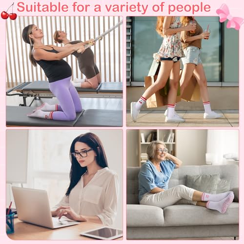 Image of Jspupifip 3 Pairs Cute Pilates Socks with Grips for Women Non Slip Yoga Grippy Socks Embroidery Cherry Athletic Crew Sock for Barre Ballet Barefoot Workout Hospital