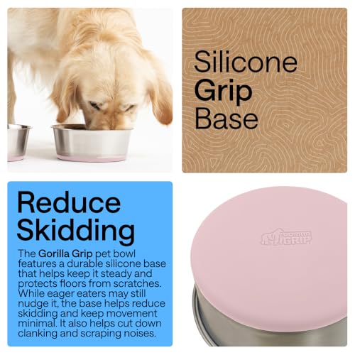 Image of GORILLA GRIP Dog Bowls, Food Grade 304 Stainless Steel, Holds 8 Cups Each (64 fl oz) Food and Water Bowl for Feeding Dogs and Cats, Dishwasher Safe, Rust Resistant, BPA Free Rubber Base Set of 2 Pink