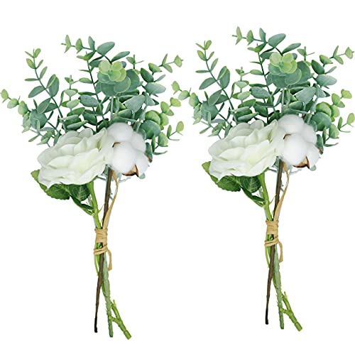 Tinsow 2 Pcs Small Artificial Rose Bouquets Silk Roses Cotton Flower with Eucalyptus Leaves Floral Arrangements Small Wedding Bouquets Decorations Floral Table Centerpieces Faux Plants DÃ©cor