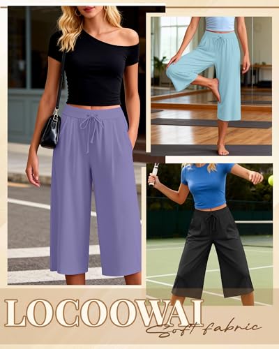 Image of Locoowai 3 Pack Women's Capri Pants Casual Wide Leg Yoga Pants High Waist Drawstring Cropped Lounge Sweatpants with Pockets