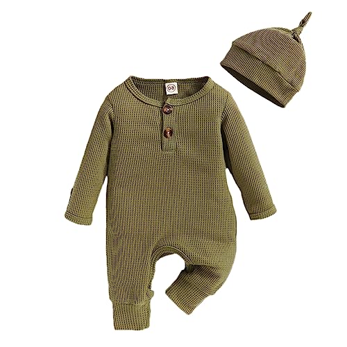 Image of MA&BABY Infant Boys Girls Clothes Set Newborn Baby Romper Hat Ribbed Knit Long Sleeve Button Solid Bodysuit Jumpsuit (Army Green, 0-3 Months)