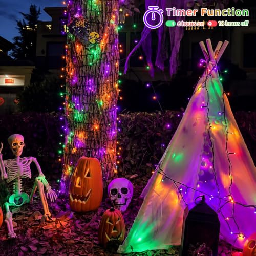 YEGUO Halloween Lights Battery Operated, 4 Pack Each 16.5ft 50 LED String Lights Outdoor Waterproof, 8 Modes Green Wire Christmas Light Indoor(Orange Purple and Green) — view 5