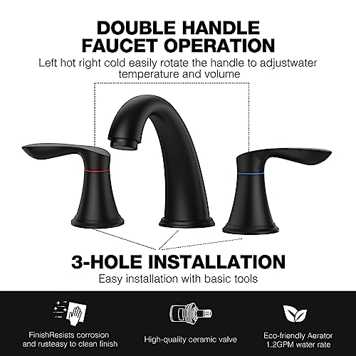 Bathroom Faucet, 8 Inch Bathroom Faucets for Sink 3 Hole, Widespread Matte Black Bathroom Faucet with Pop up Drain and cUPC Lead-Free Hose (Matte Black)