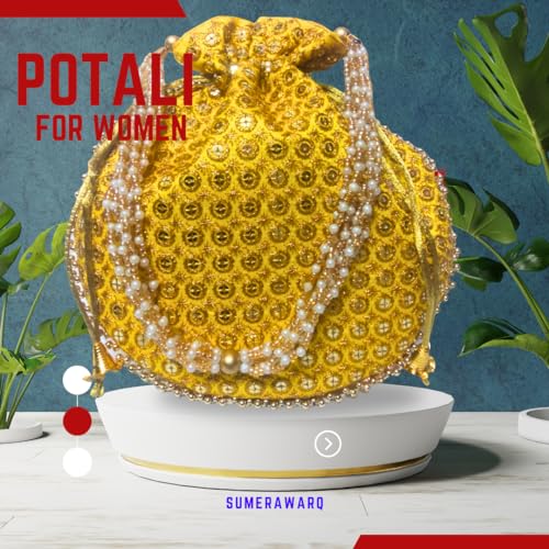 Image of Potli Bag Golden work wedding potli for ladies Gift for women handbags traditional Indian Wristlet with Drawstring Ethnic Embroidery Fashion Potli.