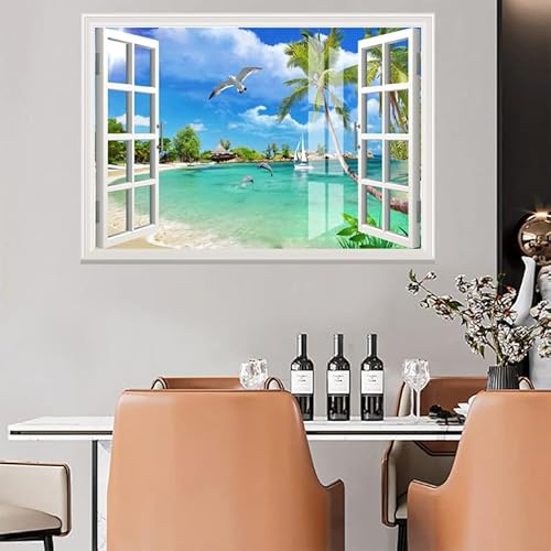 Sijifacai 3D Fake Windows/Waterproof Wall Stickers/Self -Stick Wall Murals /3D Murals -Seagull Sailing Boat, Creative Window Scene Wall Decoration - 50"X35" #TOP2