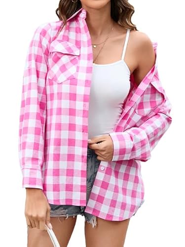 Stamain Geruite Shirts Dameskleding Lange Mouw Geruit Shirt voor Vrouwen UK Blouse Top Op te Rollen Knop Down Casual Klassiek Kantoor Feest met Zakken S-3XL, roze, S